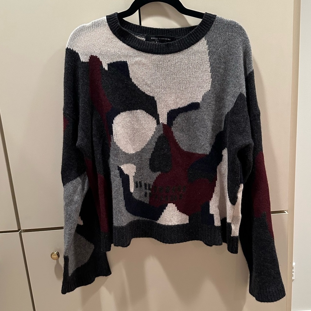 Gray white navy maroon Skull Cashmere sweater crew neck with bell sleeves